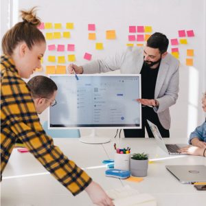 Modern office environment with cyan branding